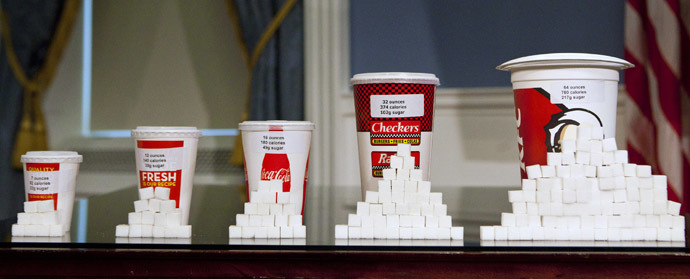 Soft drink cups sized (L-R) at 7 ounces, 12 ounces, 16 ounces, 32 ounces and 64 ounces (Reuters/Andrew Burton)