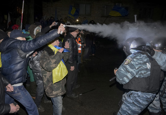 An opposition activist attacks riot police during a rally near a court in Kiev January 10, 2014. (Reuters/Maks Levin)