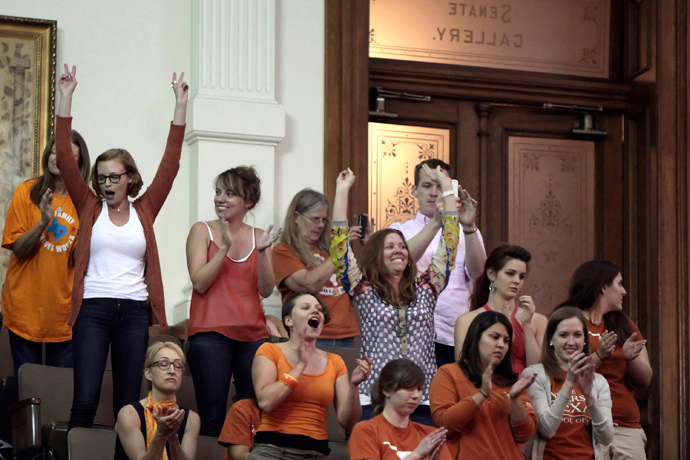 Reproductive rights advocates cheer as the Texas Senate tries to vote on the controversial anti-abortion bill SB5, which was up for a vote on the last day of the legislative special session June 25, 2013 in Austin, Texas. (Erich Schlegel / Getty Images / AFP) 