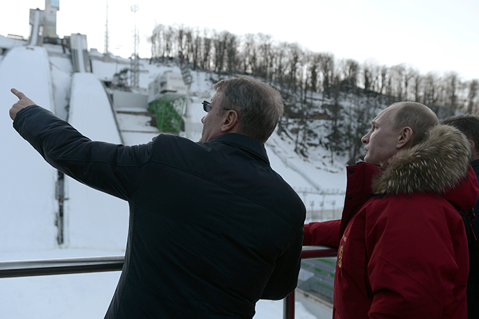 January 3, 2014. Russian President Vladimir Putin, right, and Sberbank CEO German Gref visit the Russkiye Gorky trampolining complex. (RIA Novosti / Aleksey Nikolskyi)