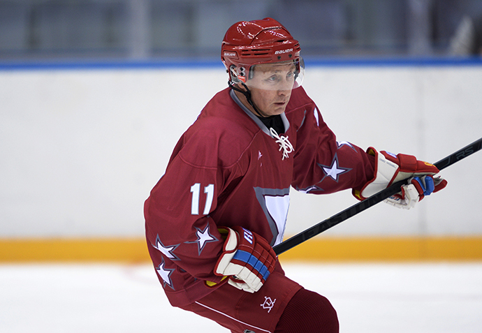 January 4, 2014. President Vladimir Putin during a friendly hockey match between the teams Night Hockey League Stars 1 and Night Hockey League Stars 2, at the Bolshoy Ice Dome in Sochi. (RIA Novosti / Aleksey Nikolskyi)