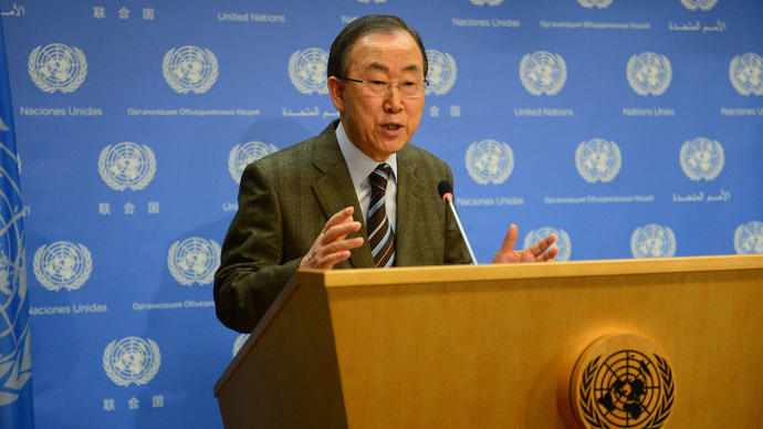 UN Secretary-General Ban Ki-moon makes an announcement at the United Nations headquarters in New York, January 19, 2014. (AFP Photo/Emmanuel Dunand)