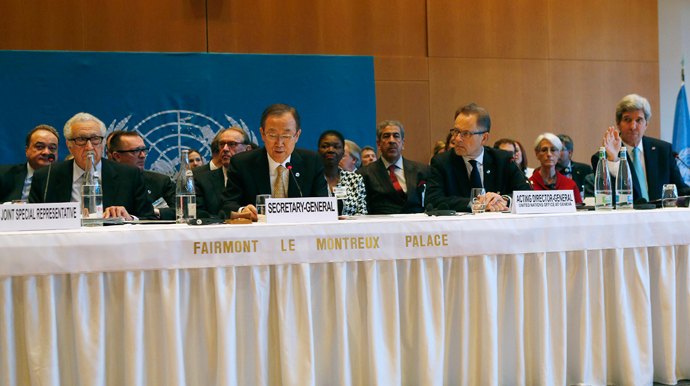 U.N.-Arab League Envoy to Syria Lakhdar Brahimi (L-R), U.N. Secretary-General Ban Ki-moon, U.N. Acting Director Genera Michael Moeller and U.S. Secretary of State John Kerry attend a plenary session in Montreux, Switzerland January 22, 2014. (Reuters / Gary Cameron) 