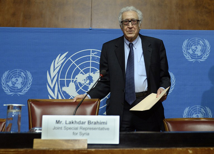 UN-Arab League envoy for Syria Lakhdar Brahimi arrives to give a press conference on the Syrian peace talks at the United Nations headquarters on January 31, 2014 in Geneva. (AFP Photo / Philippe Desmazes)