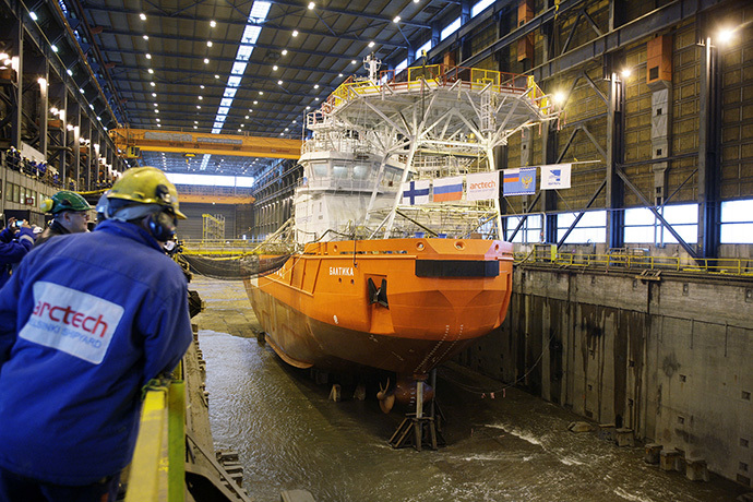 The launch of the icebreaking multipurpose and emergency vessel NB 508 "Baltika" (Image from arctech.fi)