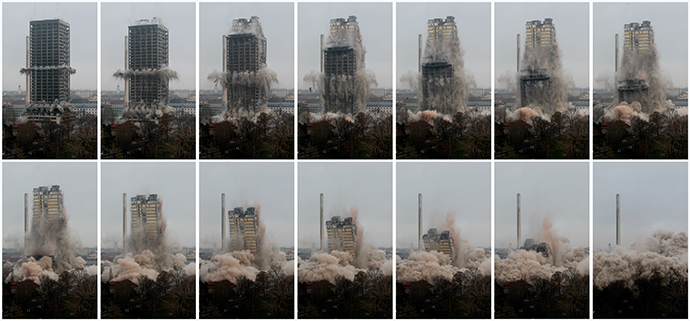 A combination of pictures shows the Goethe University AfE tower as it collapses during controlled implosions in Frankfurt, February 2, 2014. (Reuters / Ralph Orlowski)