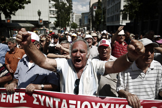 Pensioners shout slogans during an anti-austerity rally in Athens June 6, 2013. (Reuters/Yorgos Karahalis)