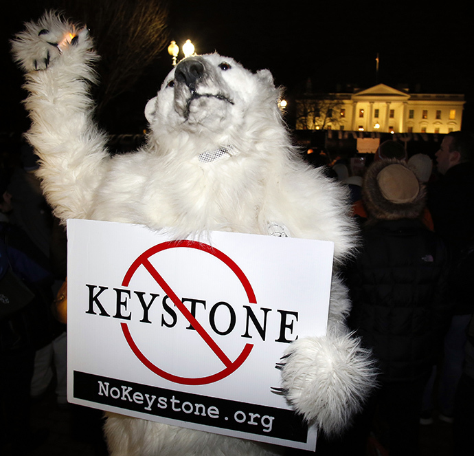 An activist dressed like a polar bear protests against the Keystone XL oil pipeline outside The White House in Washington February 3, 2014. (Reuters / Yuri Gripas)