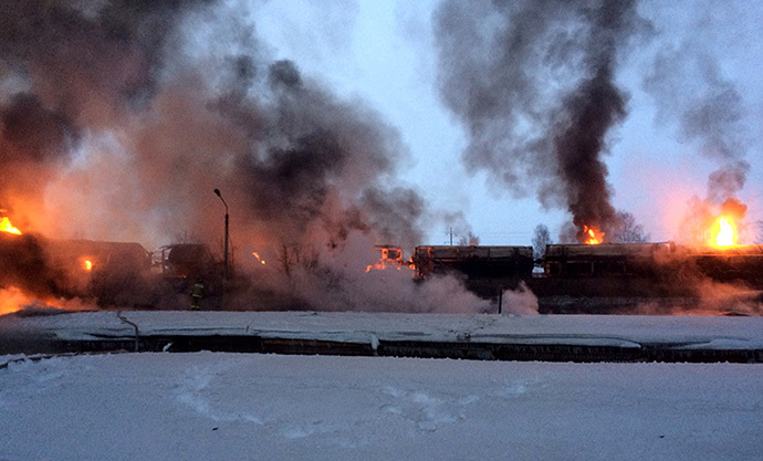 Eleven railcars were set ablaze as a result of the incident (RIA Novosti)