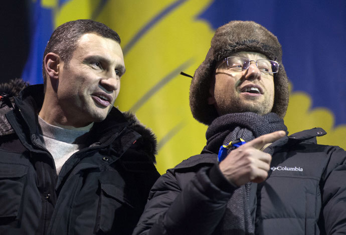 Leader of the opposition UDAR party Vitaly Klitschko, left, and leader of the Fatherland opposition parliamentary faction Arseny Yatsenyuk.(RIA Novosti / Iliya Pitalev)