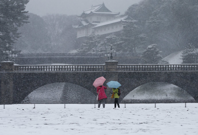 Visitors take photos at the Imperial Palace as snow falls in Tokyo February 8, 2014 (Reuters / Toru Hanai)