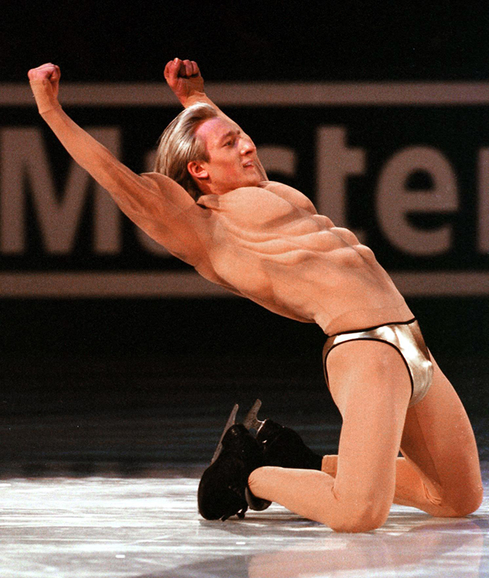 Gold medal winner Evgeni Plushenko of Russia is garbed in muscle-bound, flesh-toned tights during the wrap up exhibition performance of the World Figure Skating Championships 25 March 2001 in Vancouver, Canada. (AFP Photo / Kim Stallknecht)
