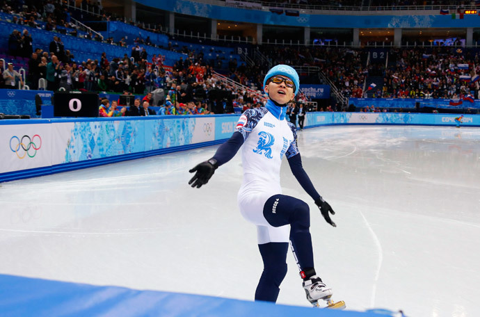 Victor An of Russia reacts after he won the men's 1,000 metres short track speed skating final event at the Iceberg Skating Palace during the 2014 Sochi Winter Olympics February 15, 2014.(Reuters / David Gray)