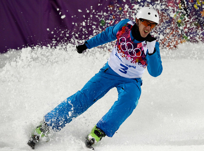 Belarus' Anton Kushnir celebrates as he competes in the Men's Freestyle Skiing Aerials finals at the Rosa Khutor Extreme Park during the Sochi Winter Olympics on February 17, 2014. (AFP Photo / Franck Fife)