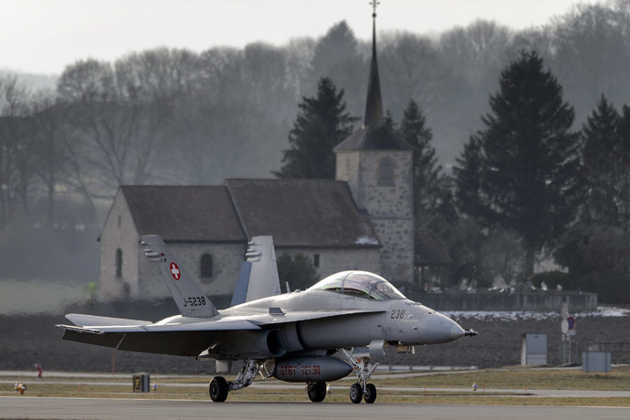 A F/A-18 Hornet fighter aircraft of the Swiss Air Force.(AFP Photo / Fabrice Coffrini)