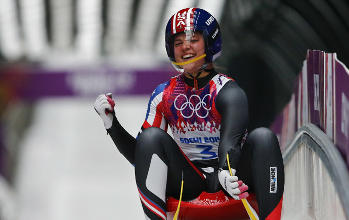Kate Hansen of the U.S. reacts after completing the final run in the women's singles luge event at the 2014 Sochi Winter Olympics, at the Sanki Sliding Center in Rosa Khutor February 11, 2014. (Reuters/Arnd Wiegmann)