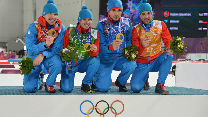 From left: gold medalists Russia's Anton Shipulin, Dmitry Malyshko, Evgeny Ustyugov and Alexey Volkov (AFP Photo / Alberto PIizzoli)