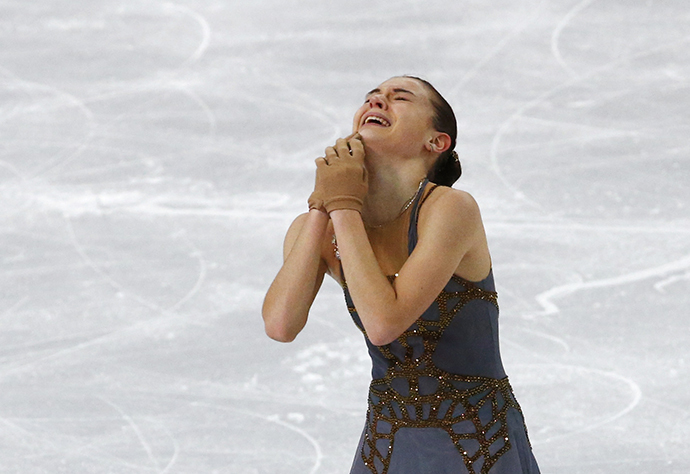 Russia's Adelina Sotnikova reacts at the end of her program during the Figure Skating Women's free skating Program at the Sochi 2014 Winter Olympics, February 20, 2014. (Reuters / David Gray)