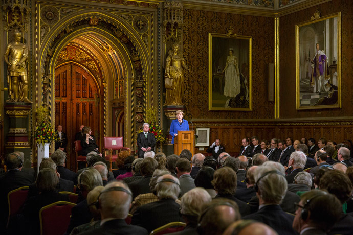 German Chancellor Angela Merkel address members of both Houses of Parliament in the Royal Gallery of the Palace of Westminster in London February 27, 2014. (Reuters / Oli Scarff / pool)