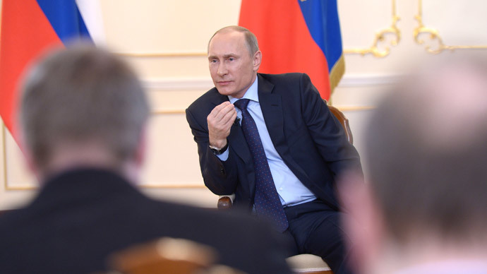 President Vladimir Putin facing journalists at the Novo-Ogaryovo residence to answer questions concerning the situation in Ukraine, March 4, 2014.(RIA Novosti / Aleksey Nikolskyi)