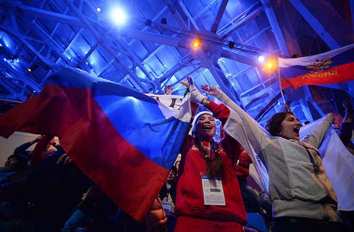 Russian sports fans before the opening ceremony of the Sochi 2014 Winter Paralympics. (RIA Novosti / Konstantin Chalabov)