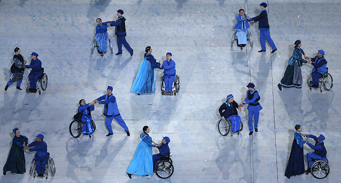 Performers take part in the opening ceremony of the 2014 Paralympic Winter Games in Sochi March 7, 2014. (Reuters / Christian Hartmann)
