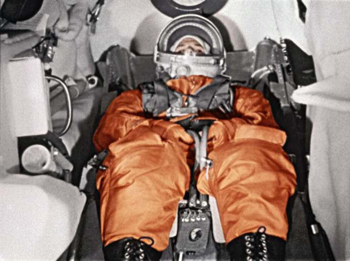 The First cosmonaut Yury Gagarin in cockpit of spaceship "Vostok" before takeoff. Cosmodrome Baikonur, April 12, 1961.(RIA Novosti)