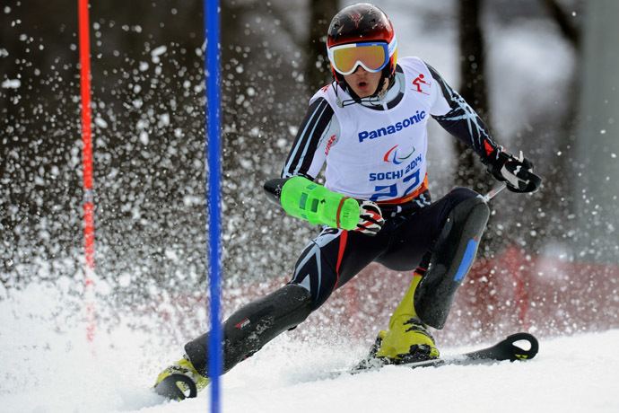 Russia's Alexey Bugaev (LW 6/8-2) competes in the Men's Alpine Skiing Slalom Standing at the XI Paralympic Olympic games in the Rosa Khutor Alpine Center close to city of Sochi on March 13, 2014. (AFP Photo)