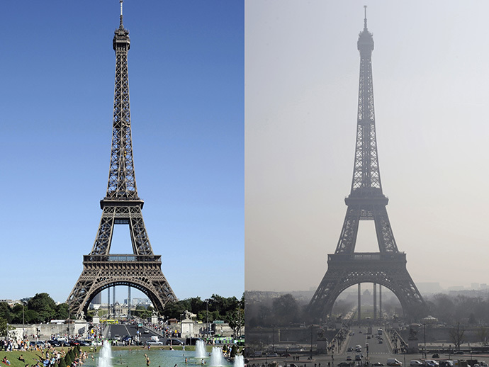 This combination of photos shows the Eiffel tower (R) in central Paris through a haze of pollution taken on March 14, 2014 and during clear weather (L) on August 17, 2012. (AFP Photo / Bertrand Guay / Kenzo Tribouillard)