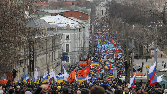 People take part in an anti-war procession and a rally in Moscow, March 15, 2014. (Reuters/Maxim Shemetov)