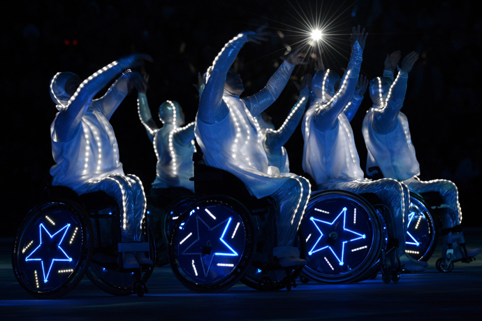 Wheelchair dancers perform during the Closing Ceremony of the XI Paralympic Olympic games at the Fisht Olympic Stadium near the city of Sochi on March 16, 2014 (AFP Photo / Kirill Kudryavtsev)