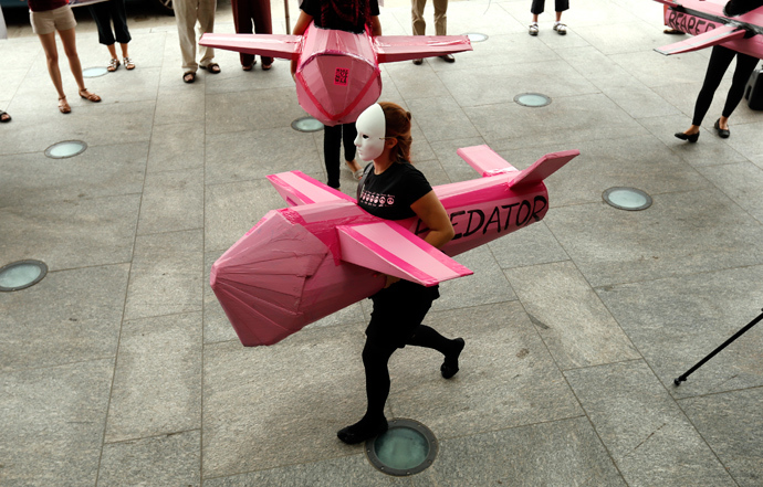 A Code Pink demonstrator wearing a mock drone (Reuters / Kevin Lamarque)