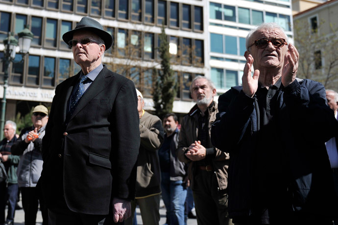 Greek pensioners gather in central Athens during a rally calling for free and public health system on March 20, 2014, on a second day of a 48-hour strike against new layoffs. (AFP Photo/ Louisa Gouliamaki)
