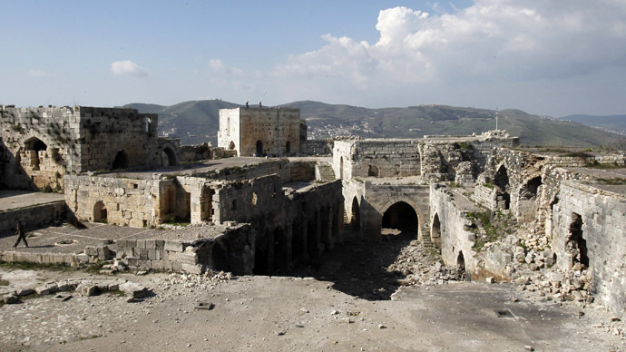 A view shows the damage inside the Crac des Chevaliers fortress in the Homs countryside, after soldiers loyal to Syria's President Bashar al-Assad took control of it from rebel fighters, March 21, 2014. (Reuters/Khaled al-Hariri)