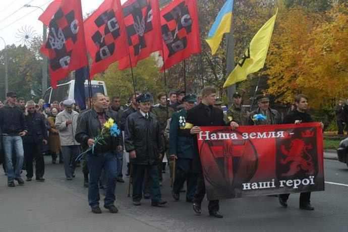 Parade of Ukrainian nationalists with veterans of Nazi units and Aleksandr Muzychko (L)