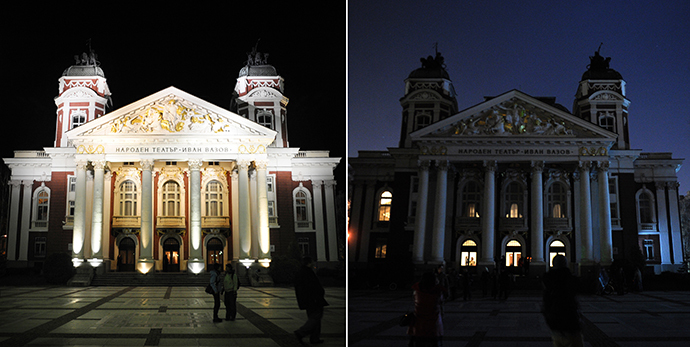 This combo of pictures shows the Bulgarian National Theatre with the lights on (L) and with the lights off (R), as part of the Earth Hour in Sofia on March 23, 2013. (AFP Photo / Nikolay Doychinov)