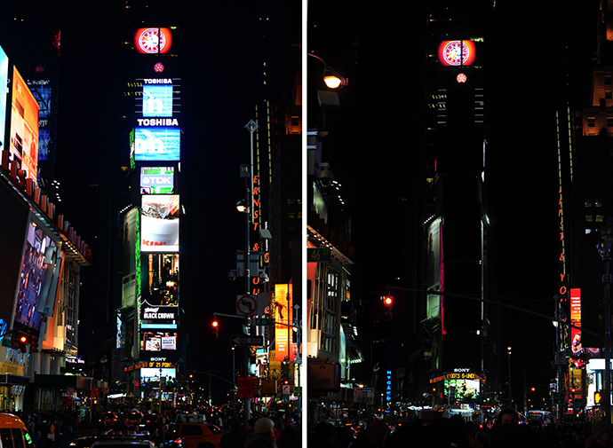 In this combo photo large electronic billboards stand dark (R) on Times Square as their lights were turned off to mark "Earth Hour" in New York, March 23, 2013. (AFP Photo / Emmanuel Dunand)