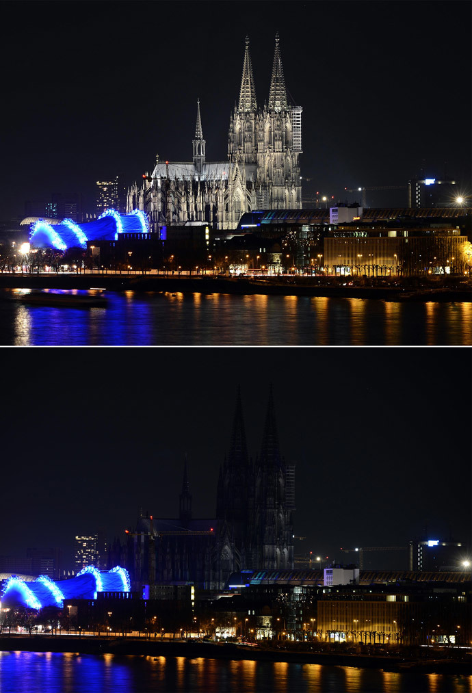 A combo picture shows the dome in Cologne during the the Earth Hour environmental campaign on March 29, 2014 in Cologne, western Germany. (AFP Photo / Henning Kaiser)
