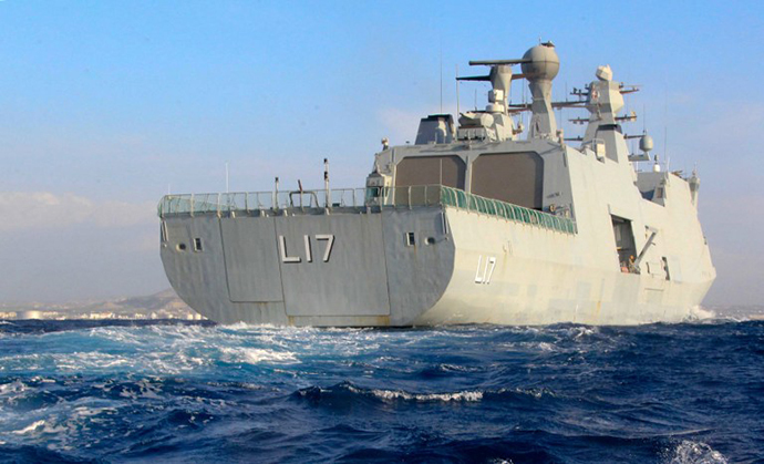 A handout picture released by the Cypriot Press and Information Office (PIO) shows the Danish support vessel L17 "Esbern Snare", one of the vessels deployed to bring SyriaÃ­s chemical agents to destruction, on February 3, 2014, outside the southern Cypriot coastal town of Larnaca. (AFP Photo)