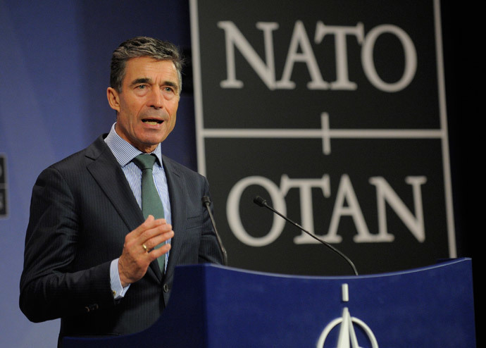 NATO Secretary General Anders Fogh Rasmussen speaks during a joint press conference after a Foreign Affairs meeting at the NATO Headquarters in Brussels on April 1, 2014. (AFP Photo / John Thys)