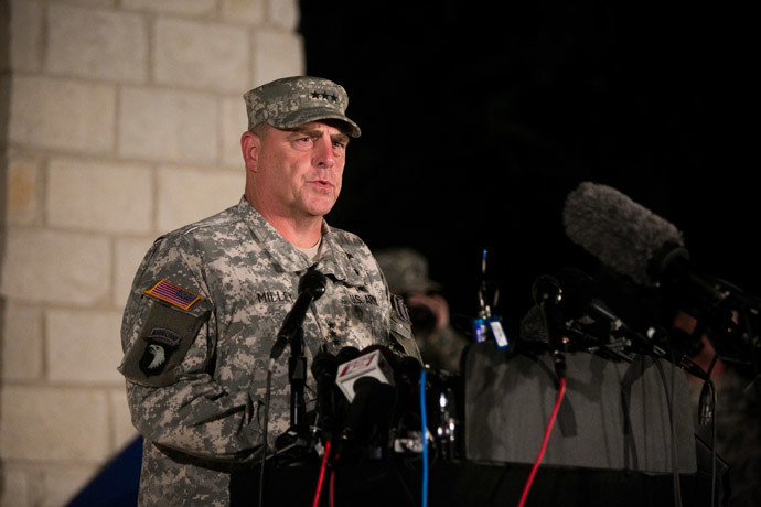General Mark Milley, III Corps and Fort Hood Commanding General, speaks to media during a press conference about a shooting that occurred earlier in the day at Fort Hood Military Base on April 2, 2014 in Fort Hood, Texas. (Drew Anthony Smith / Getty Images / AFP)