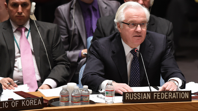Russia's Ambassador to the UN Vitaly Churkin speaks at the United Nations Security Council during a meeting called by Russia April 13, 2014 at the United Nations in New York (AFP Photo / Don Emmert)