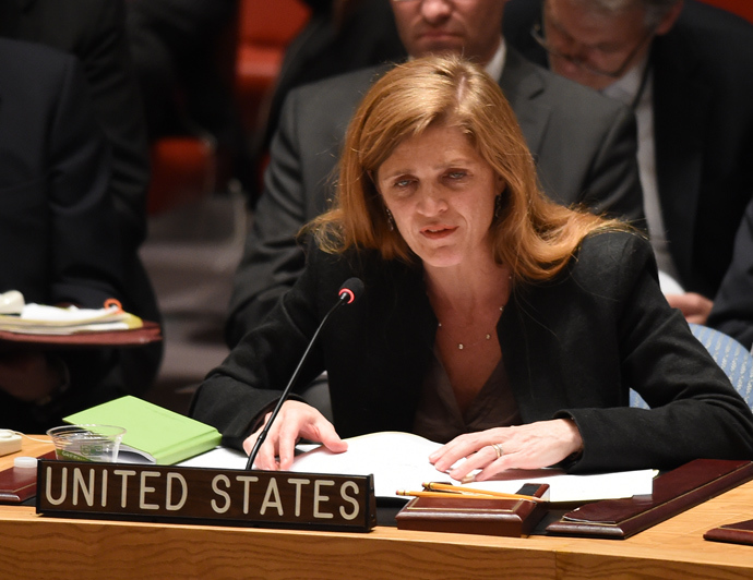 US Ambassador to the UN Samantha Power speaks at the United Nations Security Council during a meeting called by Russia April 13, 2014 at the United Nations in New York (AFP Photo / Don Emmert)