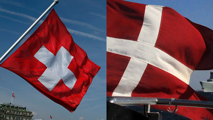 Swiss flag (L), (Reuters / Denis Balibouse) and Danish flag (AFP Photo / PIO / Stavros Ioannides)