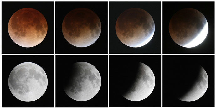 This composite image shows a sequence, from bottom left to top left, of the moon's transition during a total lunar eclipse on April 15, 2014 in Miami, Florida. (Joe Raedle / Getty Images / AFP)