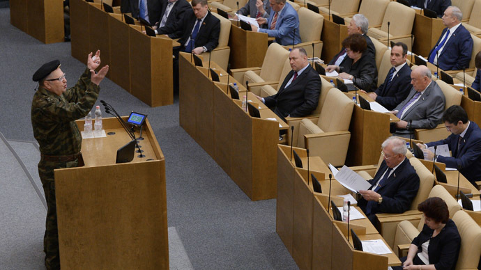 Vladimir Zhirinovsky wore combat fatigues in the parliament on Tuesday as a protest against the military operation launched by Kiev authorities against Ukrainian civilians (RIA Novosti/Vladimir Fedorenko)