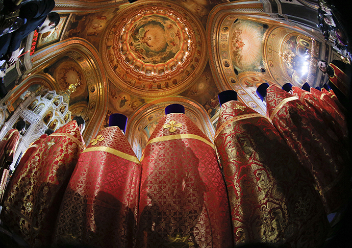 Russian Orthodox priests attend an Easter service in the Christ the Saviour Cathedral in Moscow, April 20, 2014. (Reuters / Maxim Shemetov)