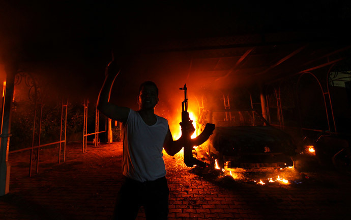 The U.S. Consulate in Benghazi is seen in flames.(Reuters / Esam Al-Fetori )