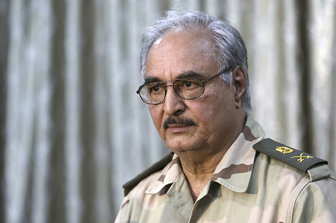 General Khalifa Haftar attends a news conference at a sports club in Abyar, a small town to the east of Benghazi on May 17, 2014. (Reuters / Esam Al-Fetori)