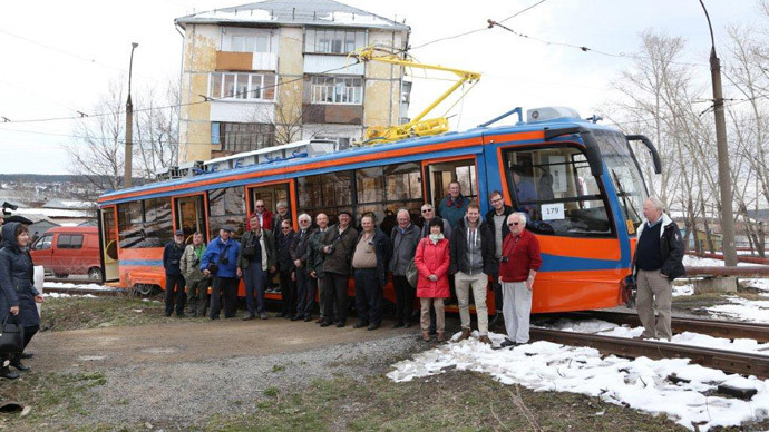 John Scraggs with fellow transport enthusiasts during their visit to Samara (photograph courtesy of John Scraggs)